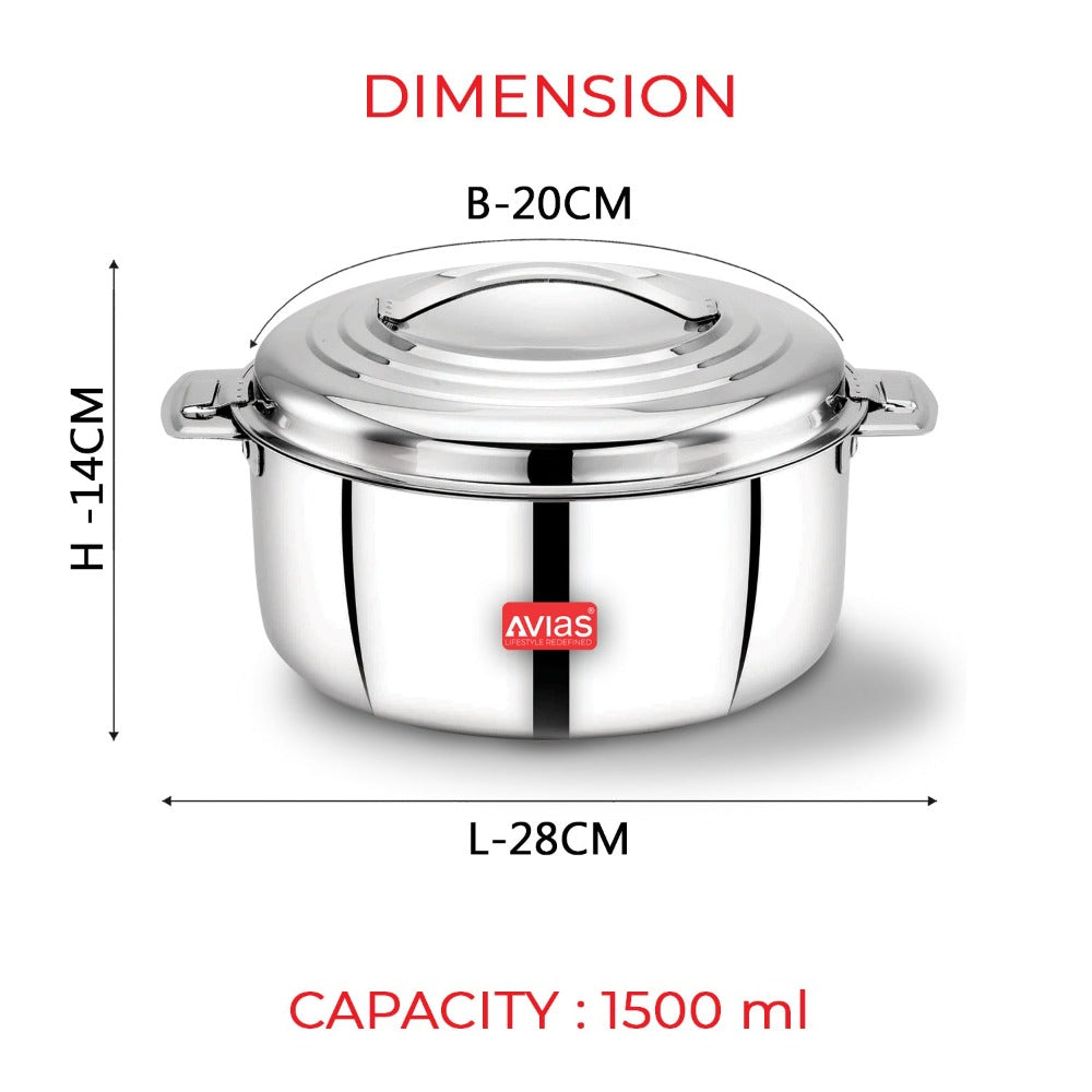 AVIAS Platina Premium Double Wall Insulated Stainless Steel Casserole | Silver | 1 Pc