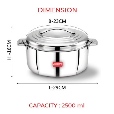 AVIAS Platina Premium Double Wall Insulated Stainless Steel Casserole | Silver | 1 Pc