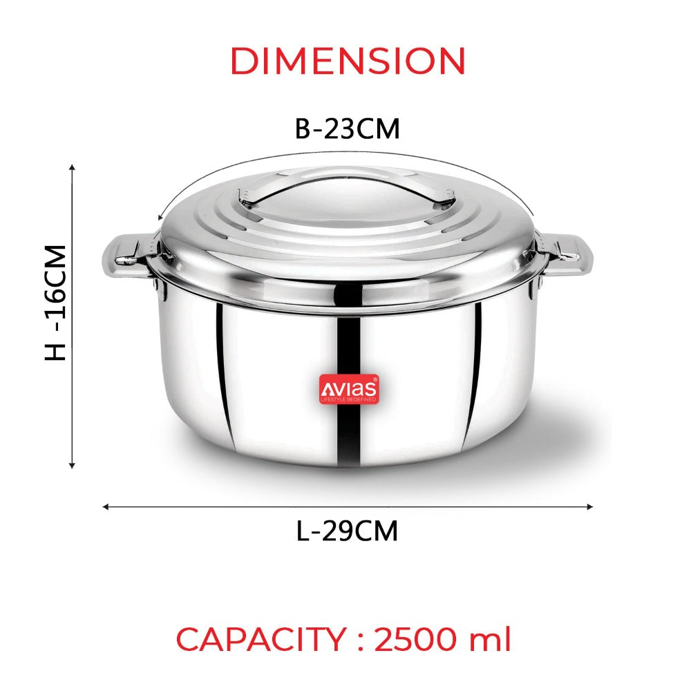 AVIAS Platina Premium Double Wall Insulated Stainless Steel Casserole | Silver | 1 Pc
