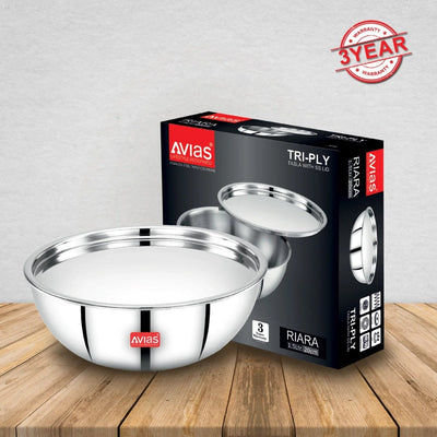 AVIAS Riara Premium Stainless Steel Tri-Ply Tasla With Steel Lid | Gas & Induction Compatible | Silver | 1 Pc