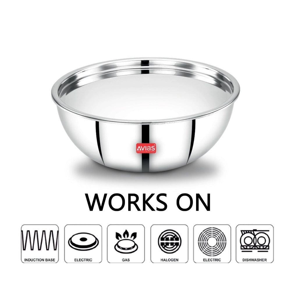 AVIAS Riara Premium Stainless Steel Tri-Ply Tasla With Steel Lid | Gas & Induction Compatible | Silver | 1 Pc