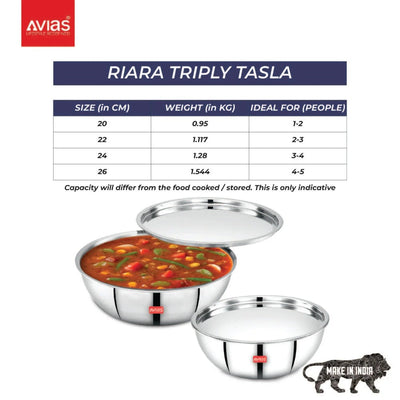 AVIAS Riara Premium Stainless Steel Tri-Ply Tasla With Steel Lid | Gas & Induction Compatible | Silver | 1 Pc