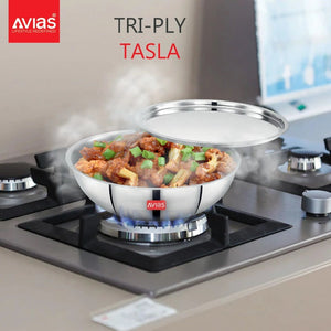AVIAS Riara Premium Stainless Steel Tri-Ply Tasla With Steel Lid | Gas & Induction Compatible | Silver | 1 Pc