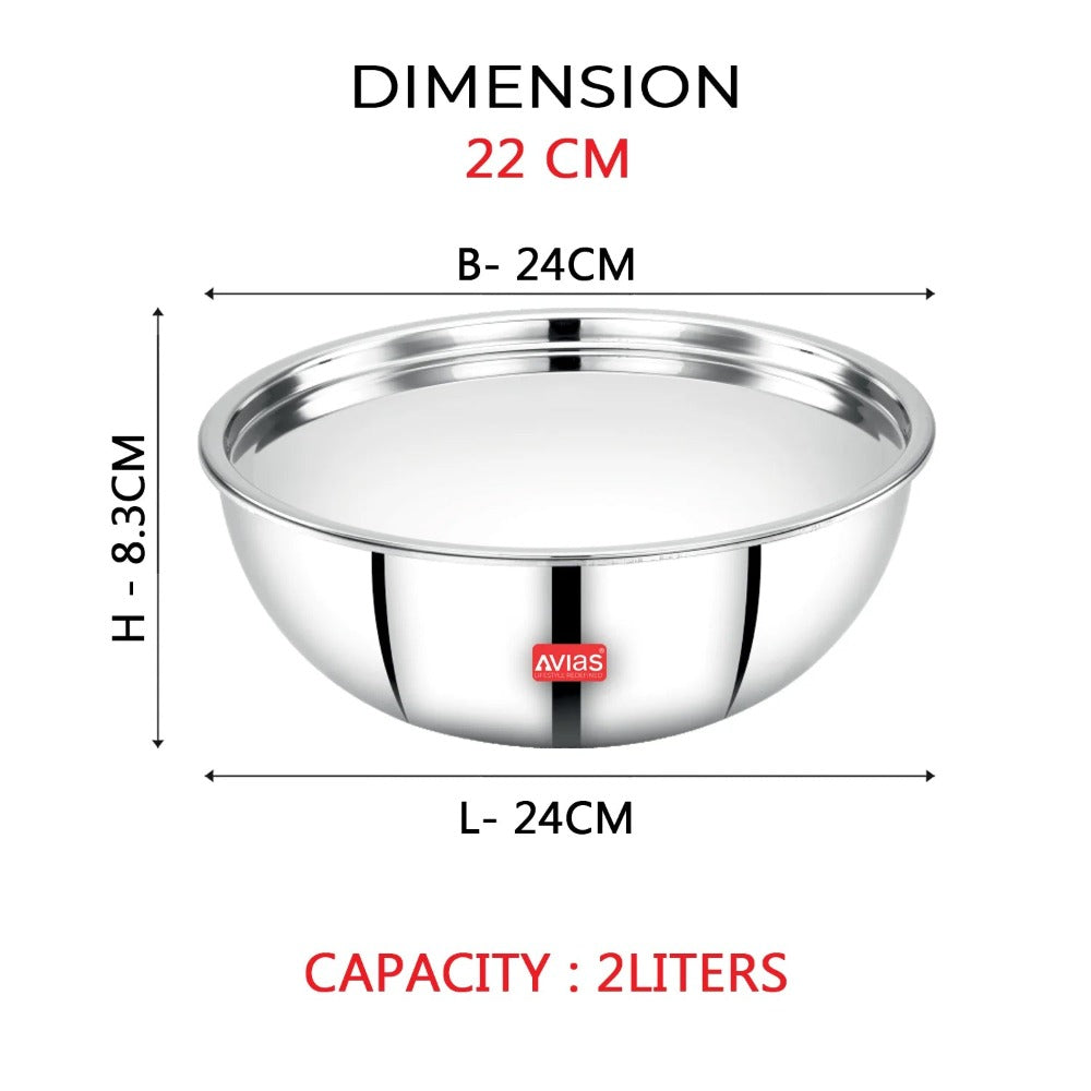 AVIAS Riara Premium Stainless Steel Tri-Ply Tasla With Steel Lid | Gas & Induction Compatible | Silver | 1 Pc