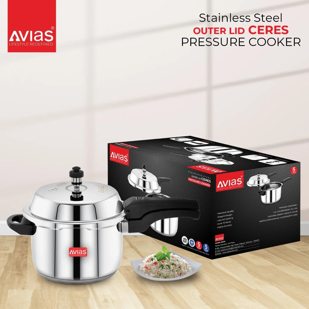 AVIAS Ceres Stainless Steel Premium Outer Lid Pressure Cooker | Gas & Induction Compatible | Silver