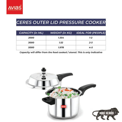 AVIAS Ceres Stainless Steel Premium Outer Lid Pressure Cooker | Gas & Induction Compatible | Silver