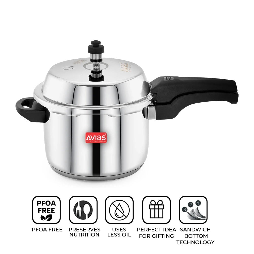 AVIAS Ceres Stainless Steel Premium Outer Lid Pressure Cooker | Gas & Induction Compatible | Silver