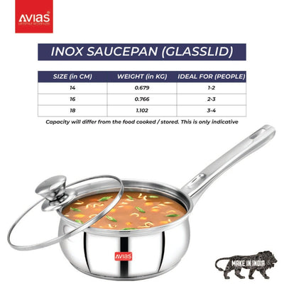 AVIAS Inox IB Stainless Steel Saucepan With Glass Lid | Gas & Induction Compatible | Silver