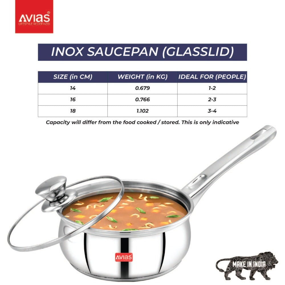 AVIAS Inox IB Stainless Steel Saucepan With Glass Lid | Gas & Induction Compatible | Silver