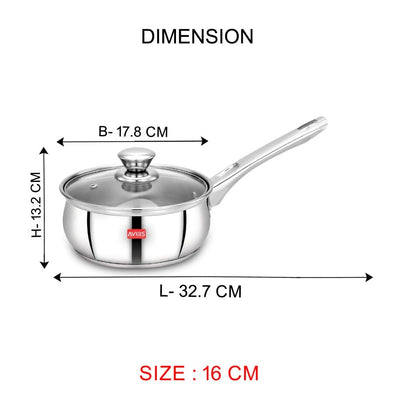 AVIAS Inox IB Stainless Steel Saucepan With Glass Lid | Gas & Induction Compatible | Silver