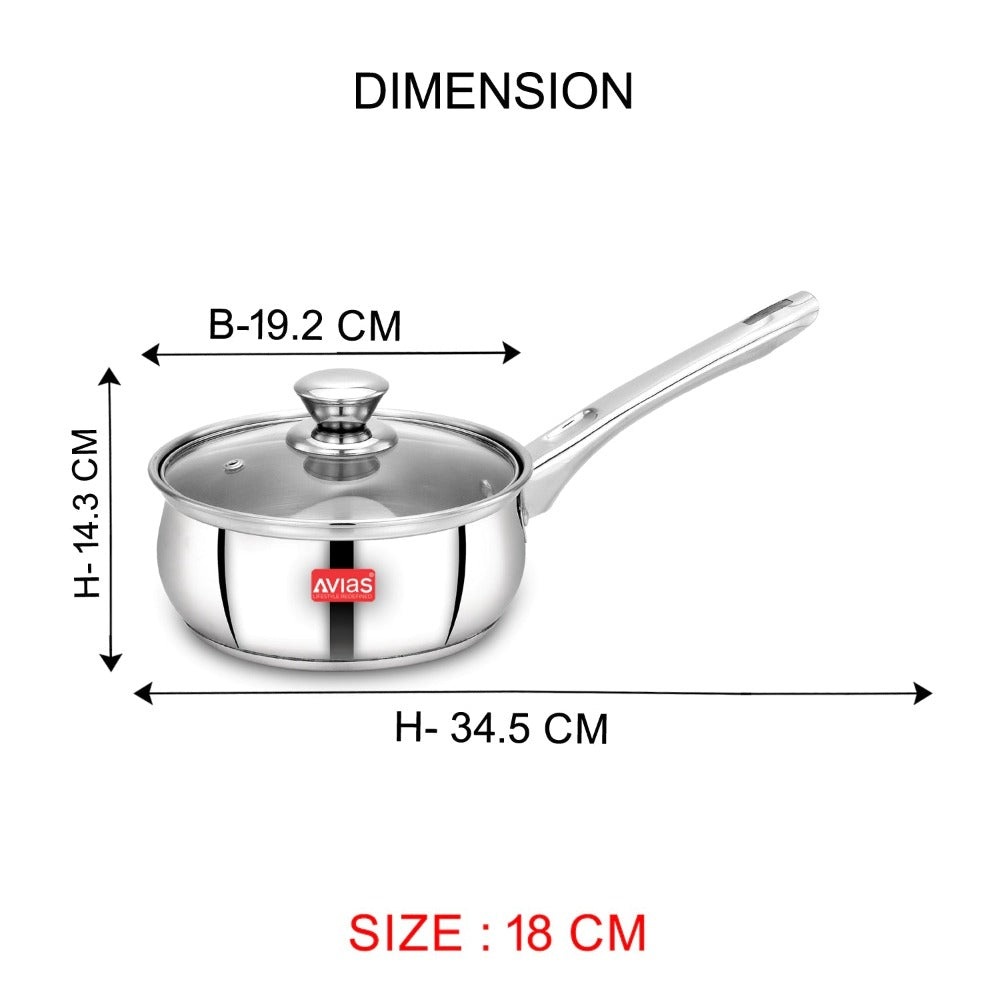 AVIAS Inox IB Stainless Steel Saucepan With Glass Lid | Gas & Induction Compatible | Silver