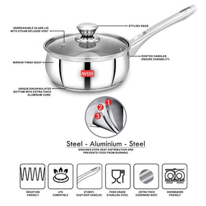 AVIAS Inox IB Stainless Steel Saucepan With Glass Lid | Gas & Induction Compatible | Silver