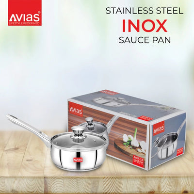 AVIAS Inox IB Stainless Steel Saucepan With Glass Lid | Gas & Induction Compatible | Silver