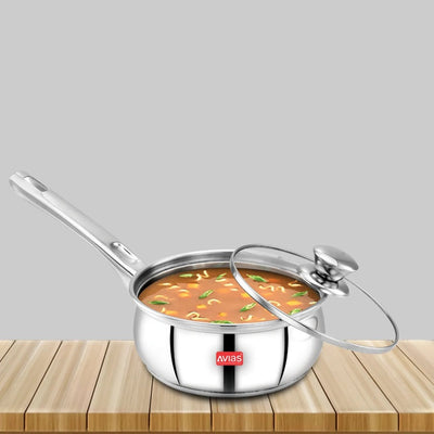 AVIAS Inox IB Stainless Steel Saucepan With Glass Lid | Gas & Induction Compatible | Silver