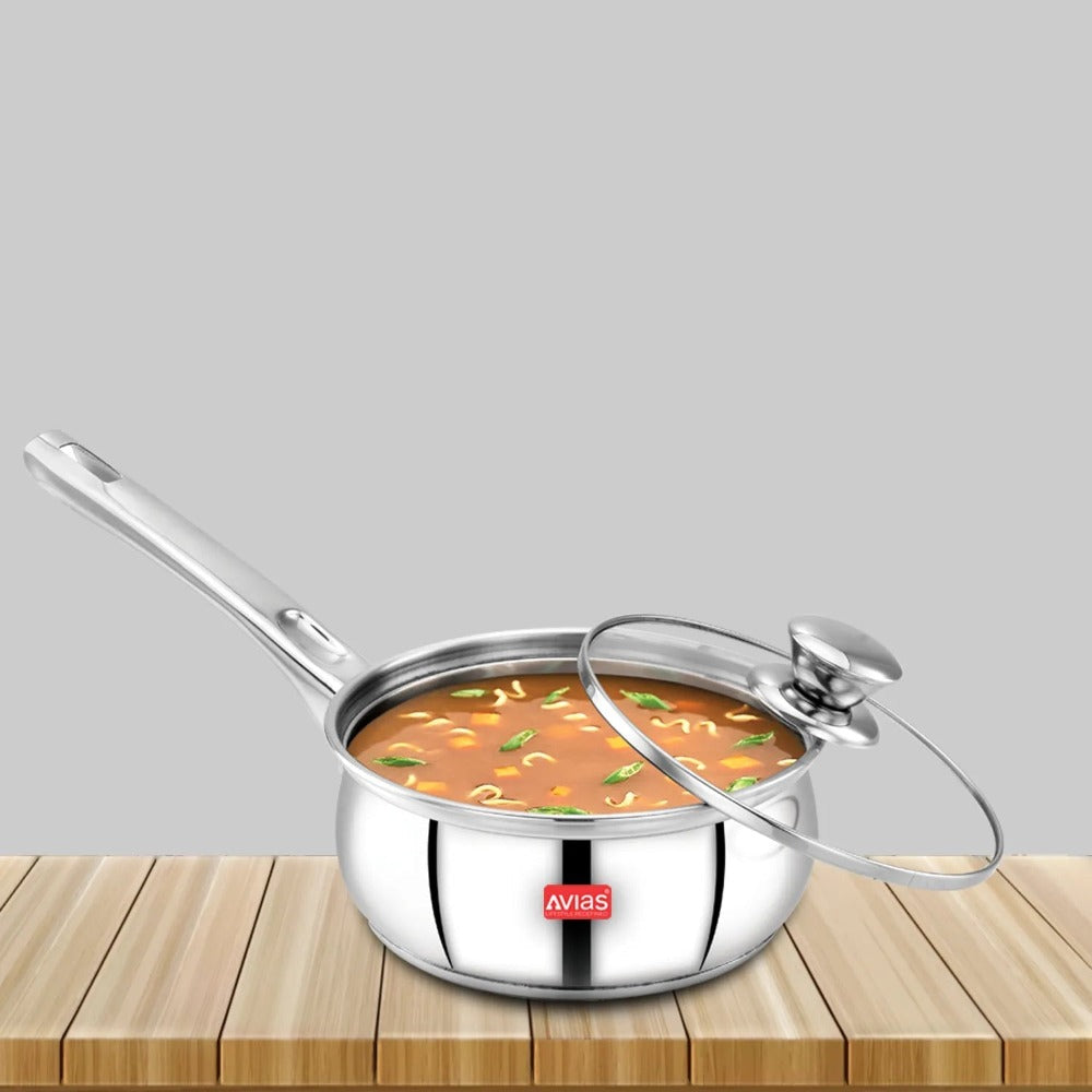 AVIAS Inox IB Stainless Steel Saucepan With Glass Lid | Gas & Induction Compatible | Silver