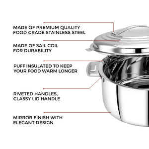 AVIAS Platina Premium Casserole Gift Set 1000 ML + 1500 ML + 2500 ML | Riveted Handles | PUF Insulated | Silver | Set of 3 Pcs
