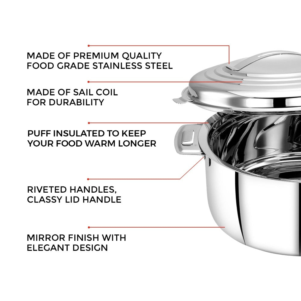AVIAS Platina Premium Casserole Gift Set 1000 ML + 1500 ML + 2500 ML | Riveted Handles | PUF Insulated | Silver | Set of 3 Pcs