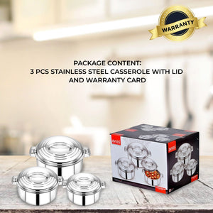AVIAS Platina Premium Casserole Gift Set 1000 ML + 1500 ML + 2500 ML | Riveted Handles | PUF Insulated | Silver | Set of 3 Pcs