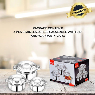 AVIAS Platina Premium Casserole Gift Set 1000 ML + 1500 ML + 2500 ML | Riveted Handles | PUF Insulated | Silver | Set of 3 Pcs