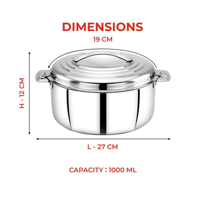 AVIAS Platina Premium Casserole Gift Set 1000 ML + 1500 ML + 2500 ML | Riveted Handles | PUF Insulated | Silver | Set of 3 Pcs
