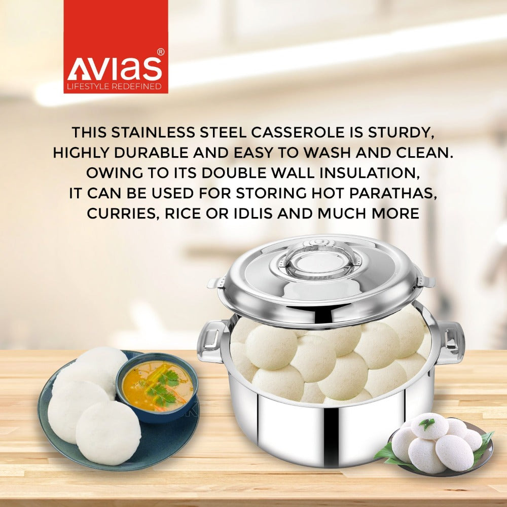 AVIAS Platina Premium Casserole Gift Set 1000 ML + 1500 ML + 2500 ML | Riveted Handles | PUF Insulated | Silver | Set of 3 Pcs