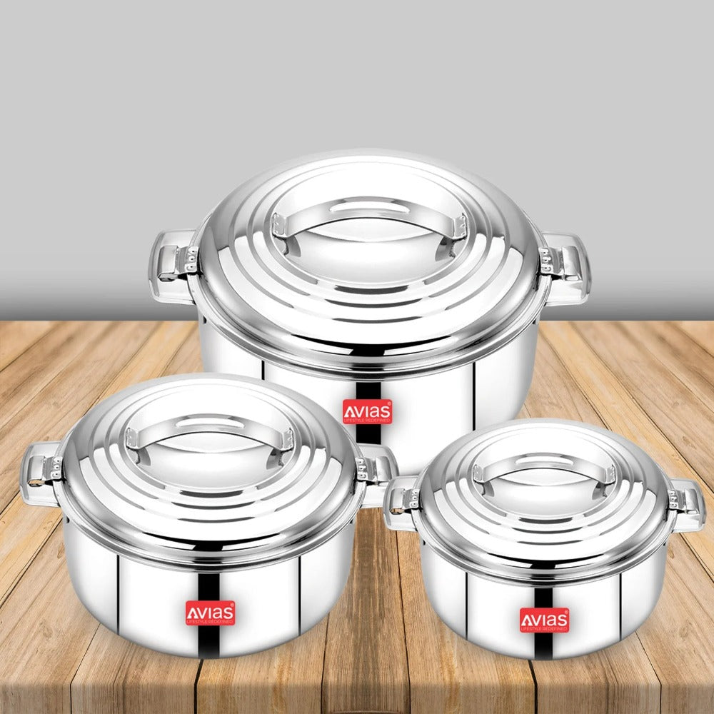 AVIAS Platina Premium Casserole Gift Set 1000 ML + 1500 ML + 2500 ML | Riveted Handles | PUF Insulated | Silver | Set of 3 Pcs