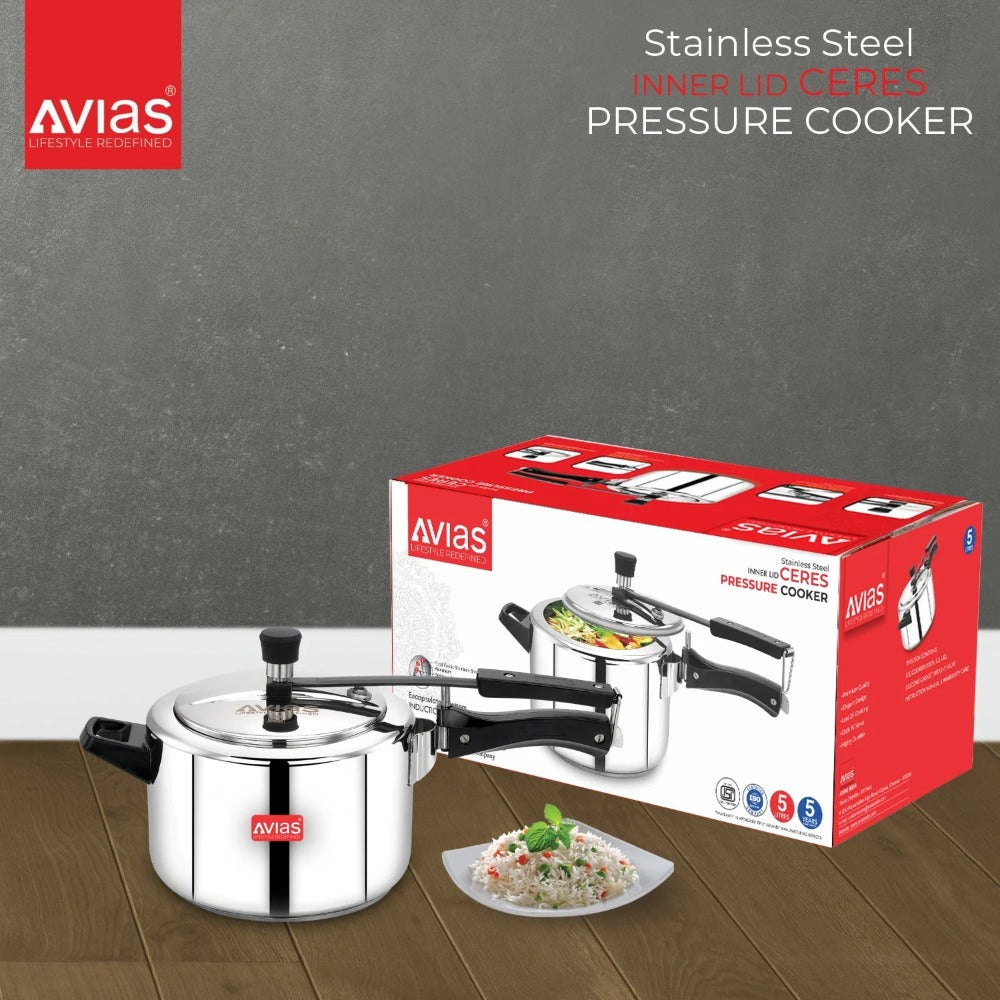 AVIAS Ceres Stainless Steel Premium Inner Lid Pressure Cooker | Gas & Induction Compatible | Silver