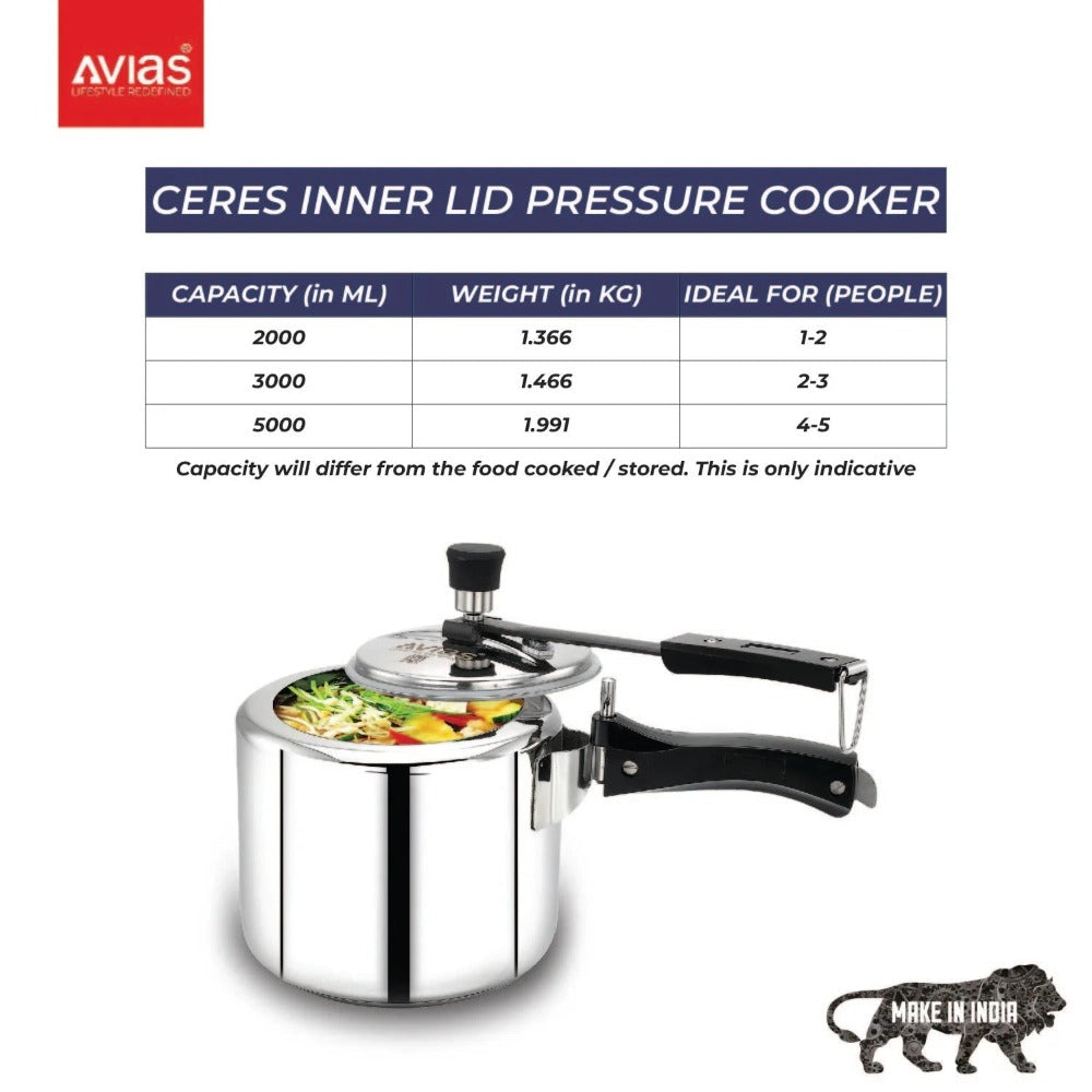 AVIAS Ceres Stainless Steel Premium Inner Lid Pressure Cooker | Gas & Induction Compatible | Silver