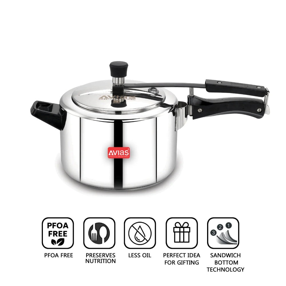 AVIAS Ceres Stainless Steel Premium Inner Lid Pressure Cooker | Gas & Induction Compatible | Silver