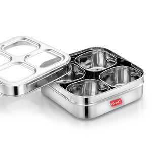 AVIAS Square Stainless Steel Dry Fruit cum Spice box with See-Through Lid | 4 Compartments and 1 Spoon | Silver