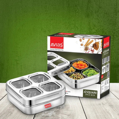 AVIAS Square Stainless Steel Dry Fruit cum Spice box with See-Through Lid | 4 Compartments and 1 Spoon | Silver