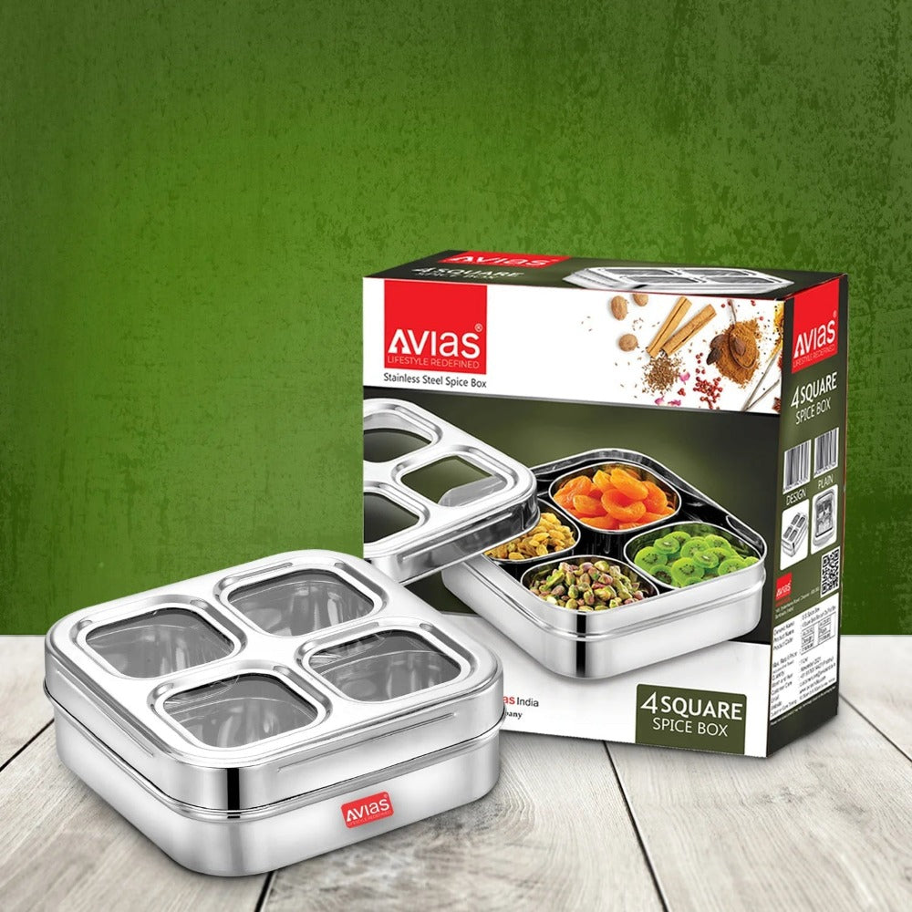AVIAS Square Stainless Steel Dry Fruit cum Spice box with See-Through Lid | 4 Compartments and 1 Spoon | Silver