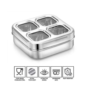 AVIAS Square Stainless Steel Dry Fruit cum Spice box with See-Through Lid | 4 Compartments and 1 Spoon | Silver