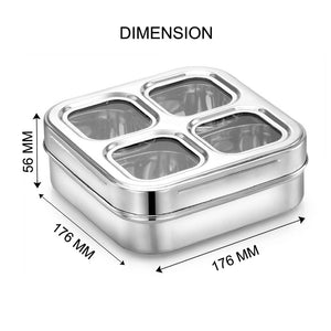 AVIAS Square Stainless Steel Dry Fruit cum Spice box with See-Through Lid | 4 Compartments and 1 Spoon | Silver