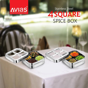 AVIAS Square Stainless Steel Dry Fruit cum Spice box with See-Through Lid | 4 Compartments and 1 Spoon | Silver