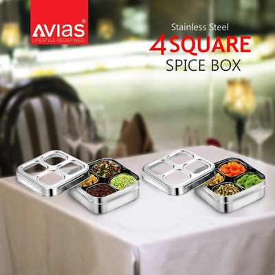 AVIAS Square Stainless Steel Dry Fruit cum Spice box with See-Through Lid | 4 Compartments and 1 Spoon | Silver