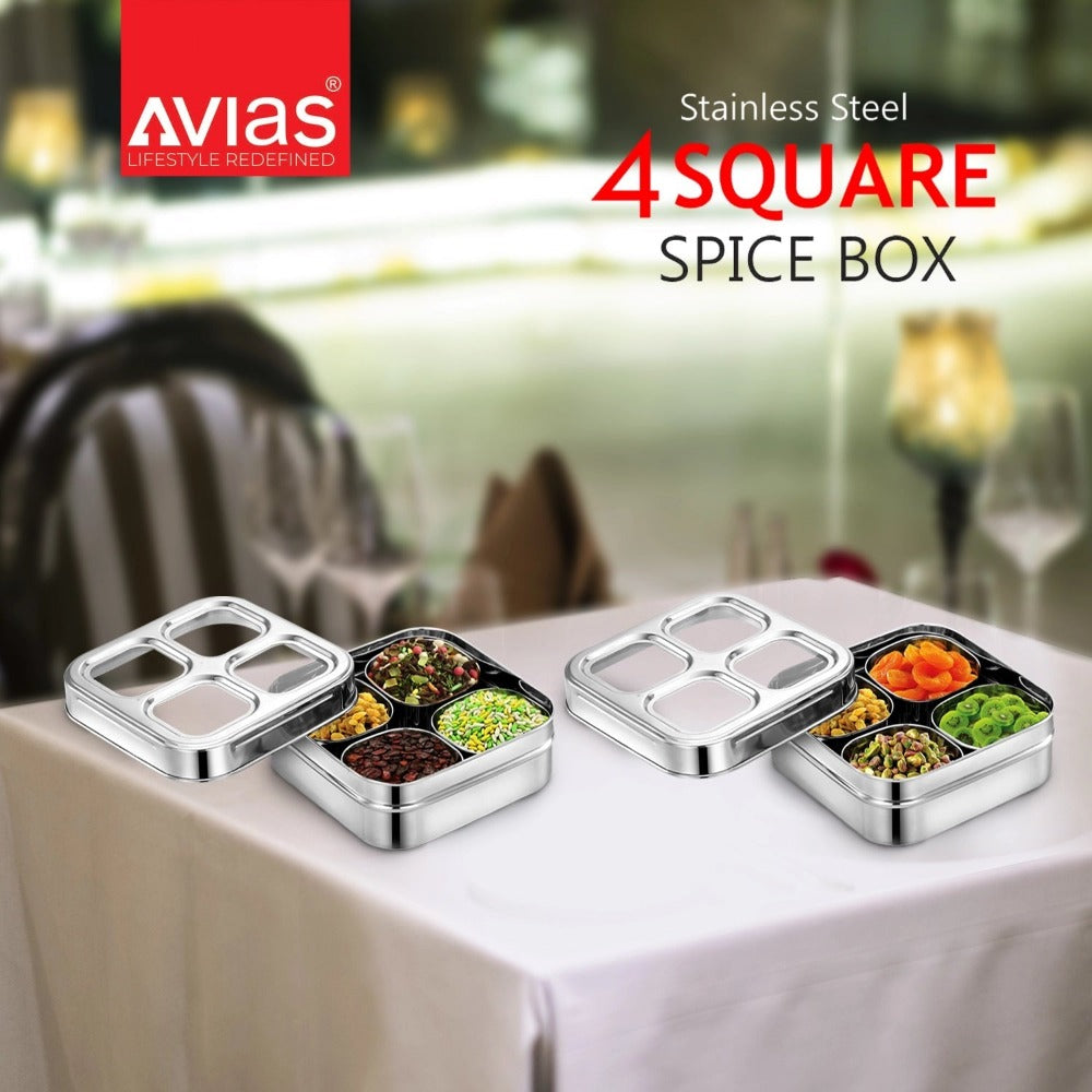 AVIAS Square Stainless Steel Dry Fruit cum Spice box with See-Through Lid | 4 Compartments and 1 Spoon | Silver