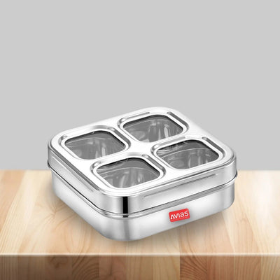 AVIAS Square Stainless Steel Dry Fruit cum Spice box with See-Through Lid | 4 Compartments and 1 Spoon | Silver