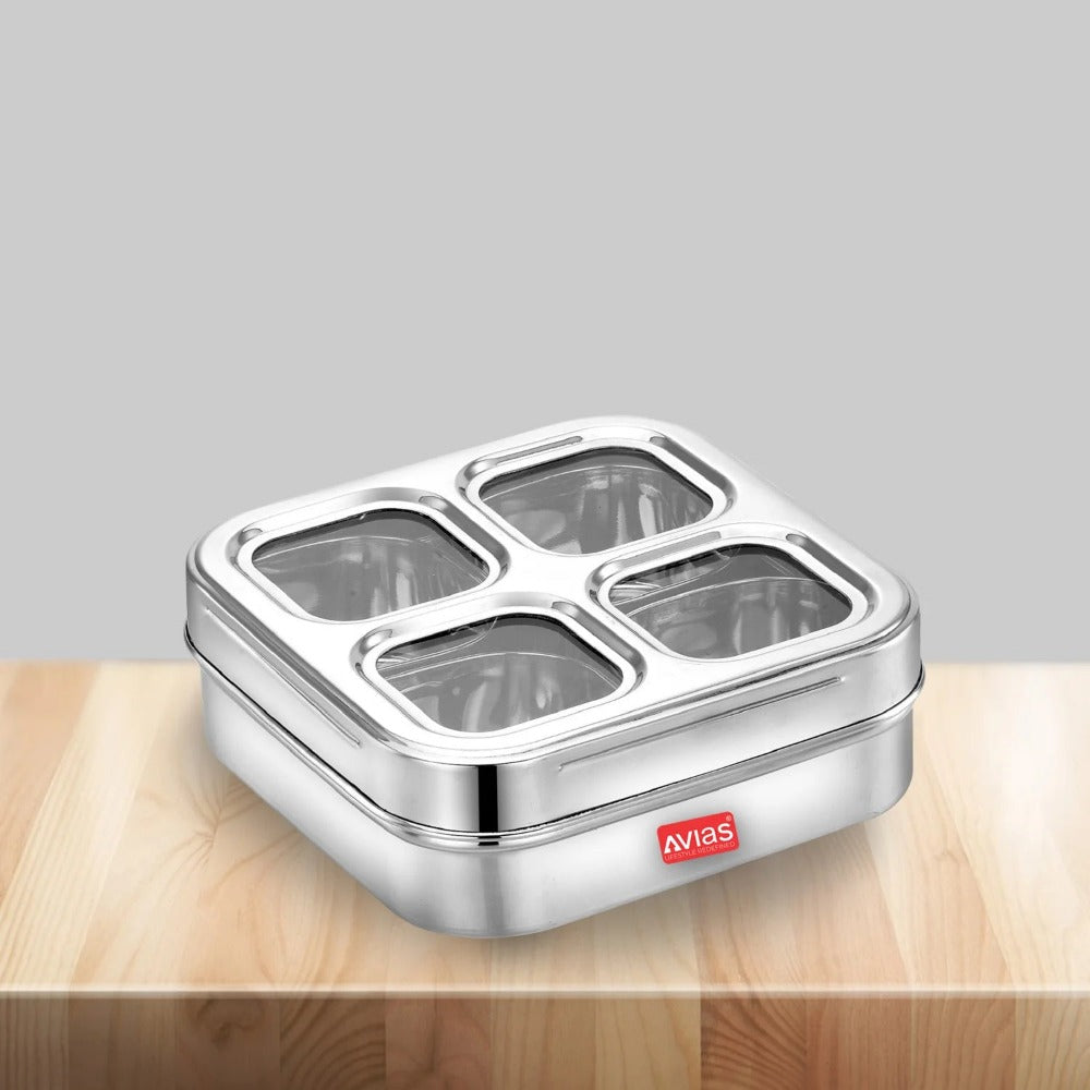 AVIAS Square Stainless Steel Dry Fruit cum Spice box with See-Through Lid | 4 Compartments and 1 Spoon | Silver