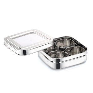 AVIAS Square Stainless Steel Spice Box with See-Through Glass Lid | 4 Compartments and 1 Spoon | Silver