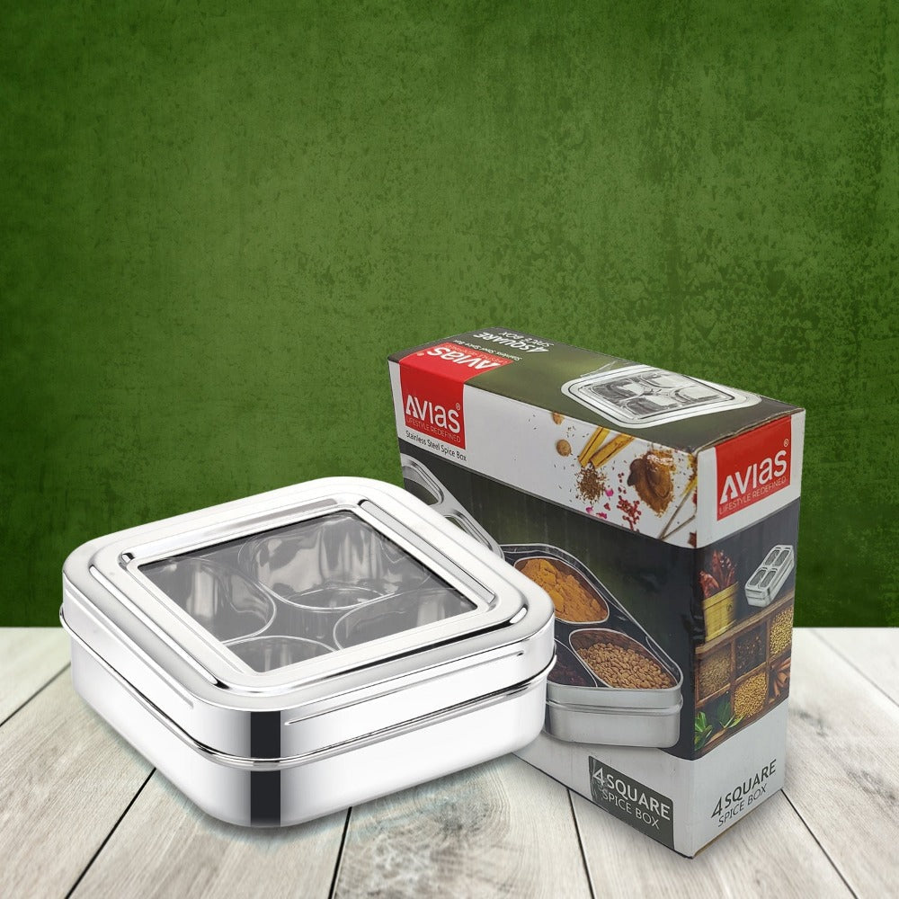 AVIAS Square Stainless Steel Spice Box with See-Through Glass Lid | 4 Compartments and 1 Spoon | Silver