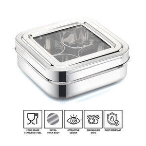 AVIAS Square Stainless Steel Spice Box with See-Through Glass Lid | 4 Compartments and 1 Spoon | Silver
