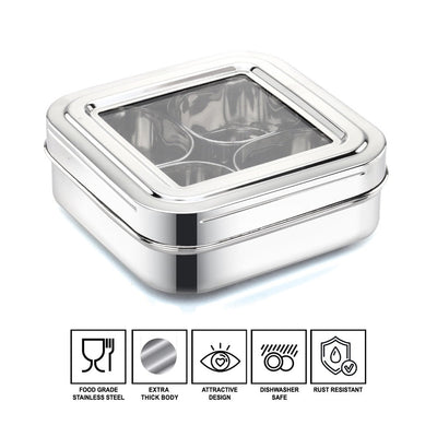 AVIAS Square Stainless Steel Spice Box with See-Through Glass Lid | 4 Compartments and 1 Spoon | Silver