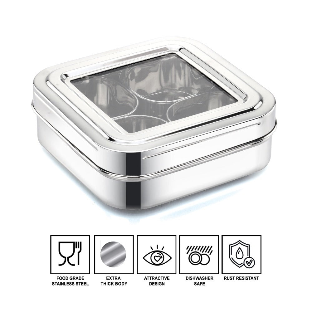AVIAS Square Stainless Steel Spice Box with See-Through Glass Lid | 4 Compartments and 1 Spoon | Silver