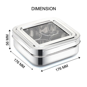 AVIAS Square Stainless Steel Spice Box with See-Through Glass Lid | 4 Compartments and 1 Spoon | Silver