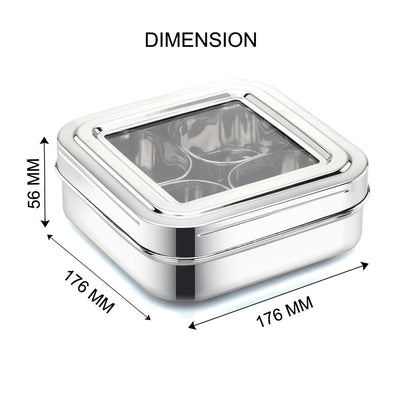 AVIAS Square Stainless Steel Spice Box with See-Through Glass Lid | 4 Compartments and 1 Spoon | Silver