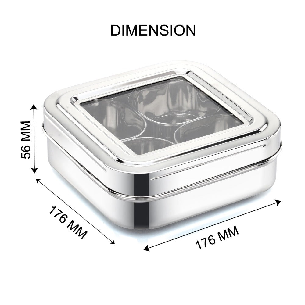 AVIAS Square Stainless Steel Spice Box with See-Through Glass Lid | 4 Compartments and 1 Spoon | Silver