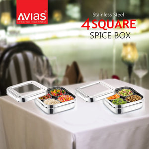 AVIAS Square Stainless Steel Spice Box with See-Through Glass Lid | 4 Compartments and 1 Spoon | Silver