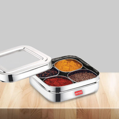 AVIAS Square Stainless Steel Spice Box with See-Through Glass Lid | 4 Compartments and 1 Spoon | Silver