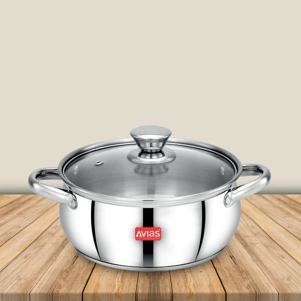 AVIAS Inox IB Stainless Steel Cookpot With Glass Lid | Gas & Induction Compatible | Silver | 1 Pc